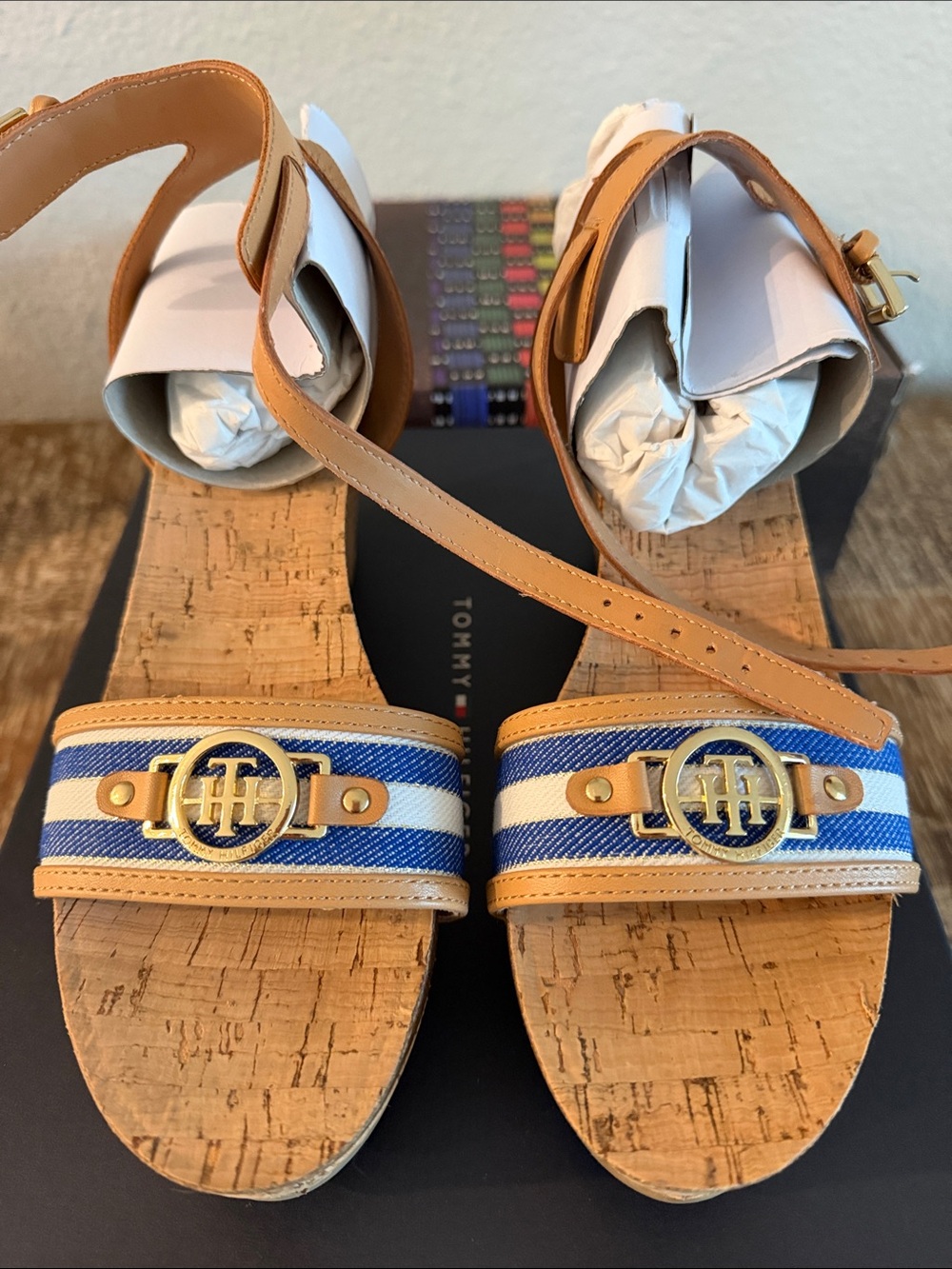 Tommy Hilfiger Blue & White Striped Cork Wedge Sandals